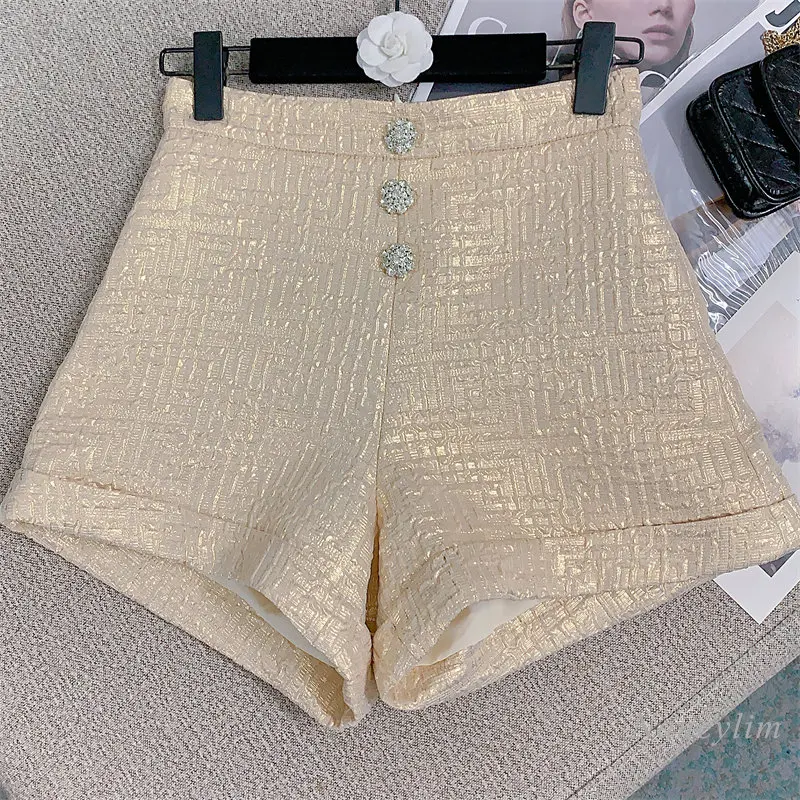 2023 Summer Rhinestone Buttons Shorts Women New Sexy Hot Girl Trendy Wide-Leg High Waist Casual Floating Pattern Flanging Shorts