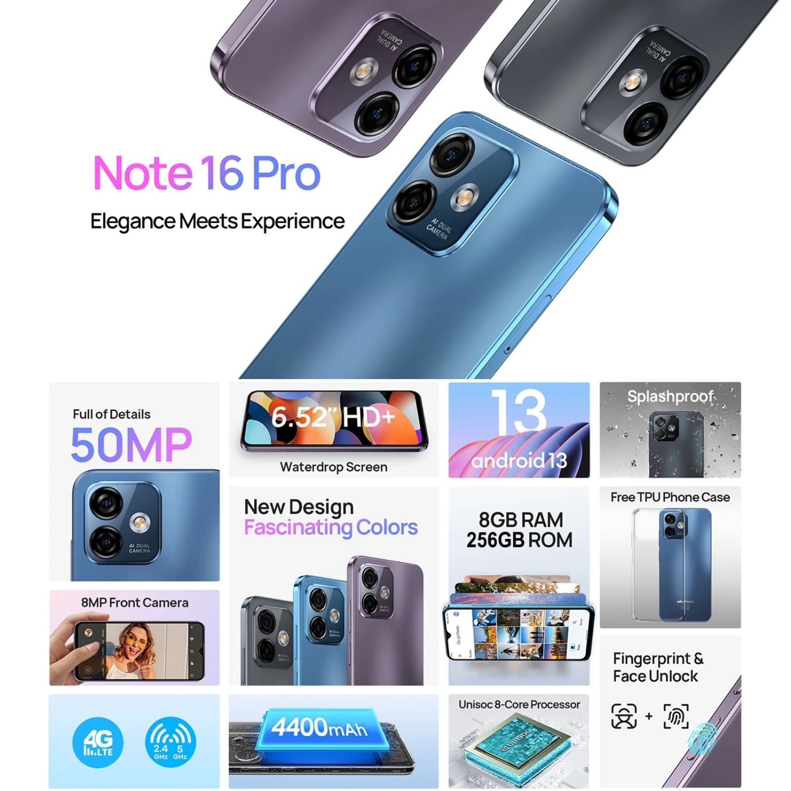 Ulefone Note 16 Pro 8 ГБ + 256 4400 мАч 6 52 дюйма Android 13 Unisoc T606 двойная задняя камера OTG телефон