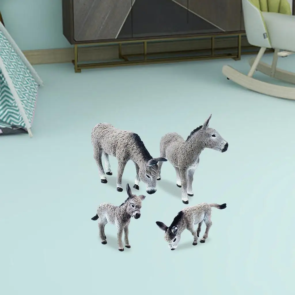 

4x Realistic Donkey Figurine Hand Painted Farm Animal Statues Figure Educational Playset Desktop Ornament Collectible Gift