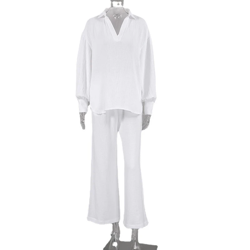 Solid Color Cotton Set Woman 2 Pieces Long Sleeve V Neck Sleepwear Female Loose Trouser Suits Casual Pajamas Sets 2023 Nightwear