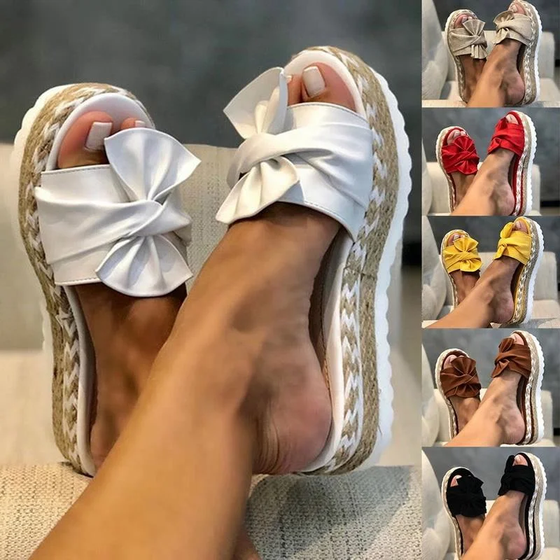 

Women Bowknot Sandals 2022 Summer Casual Daily Comfy Slip On Platform Sandals Women's Toe Breathbale Weave Sandals