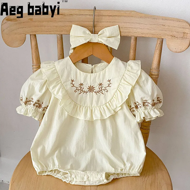 

Летнее боди для маленьких девочек, одежда, Комбинезоны для младенцев, комбинезоны с вышитым кружевным воротником и короткими рукавами, милая одежда для маленьких девочек