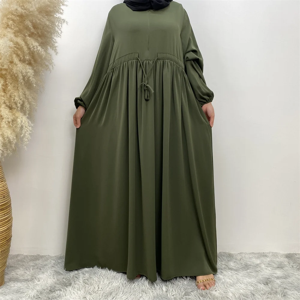 Muslim minimalist design with solid elastic sleeves and front zipper for elegant and versatile swing dress 6692