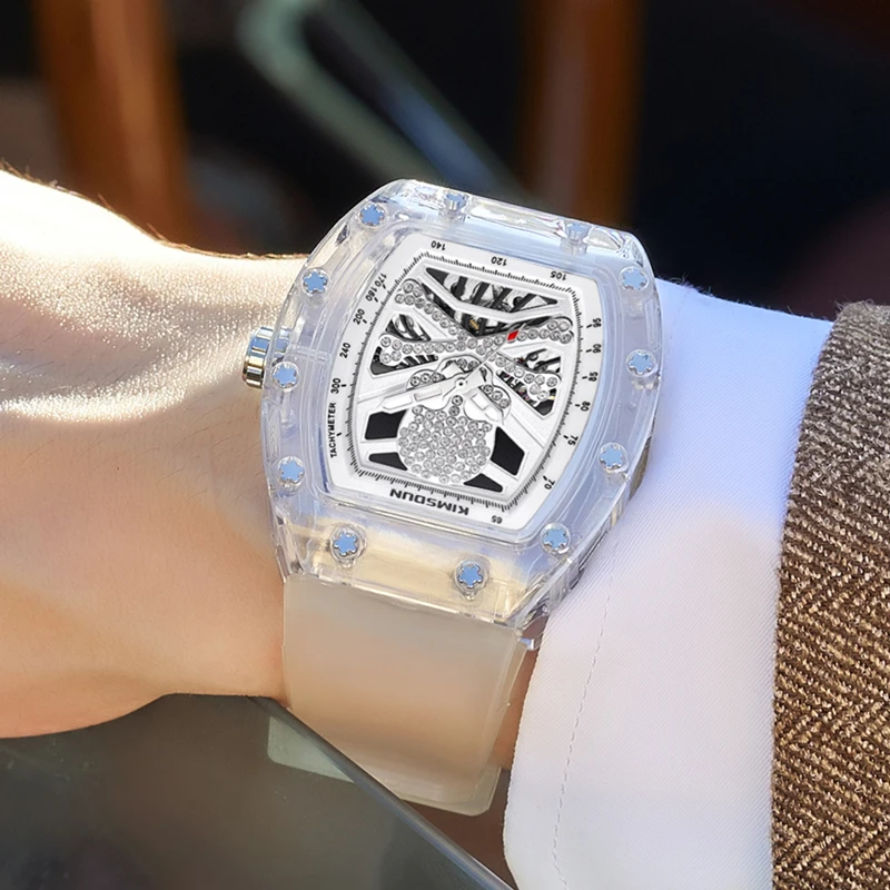 2023 New Mechanical Men's Watch Fully Automatic Transparent Hollow Trendy Diamond Barrel