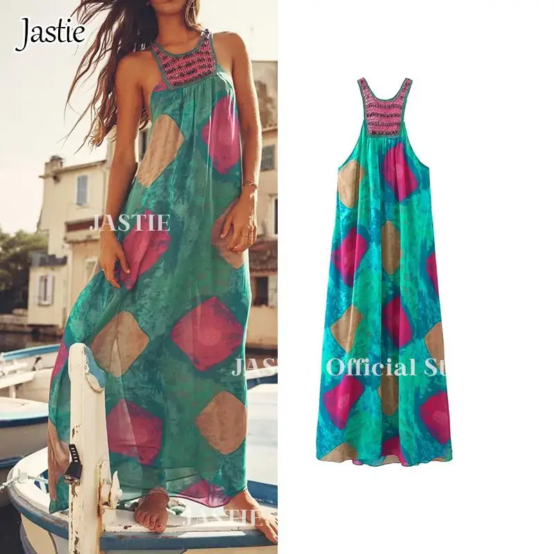 

Jastie Dress Summer Women 2023 New Chic Printed Beaded Elegant Holiday Dress Women Fashion Street Backless Long Loose Dress