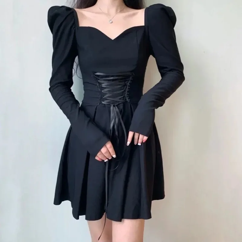 

A GIRLSQWEEK Vintage Bandage Black Mini Dress Women French Puff Sleeve Square Collar Short Dresses Bodycon Wrap Party Korean