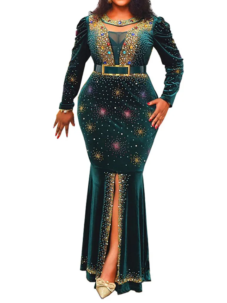 Gold Velvet Embroidered Diamond Abaya Luxury Evening Dresses 2022  Elegant Mesh Patchwork Split Mermaid Robe National Clothing