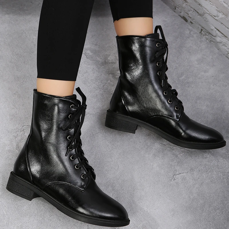 Autumn and Winter Plus Size 34-43 Women's Boots Leather Women's Thick Bottom Ankle Boots Motorcycle Boots Fashion Women's Shoes