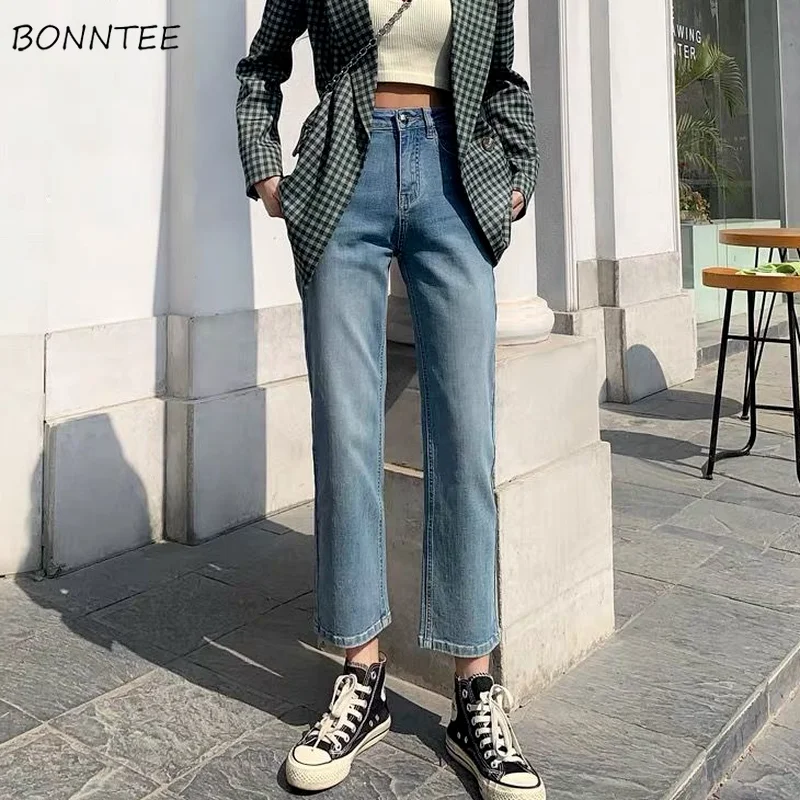 Hot Sale Jeans Women Straight Leg Ankle-length All-match Casual Denim Trousers 4-colors Popular Students Daily Street Do Old BF