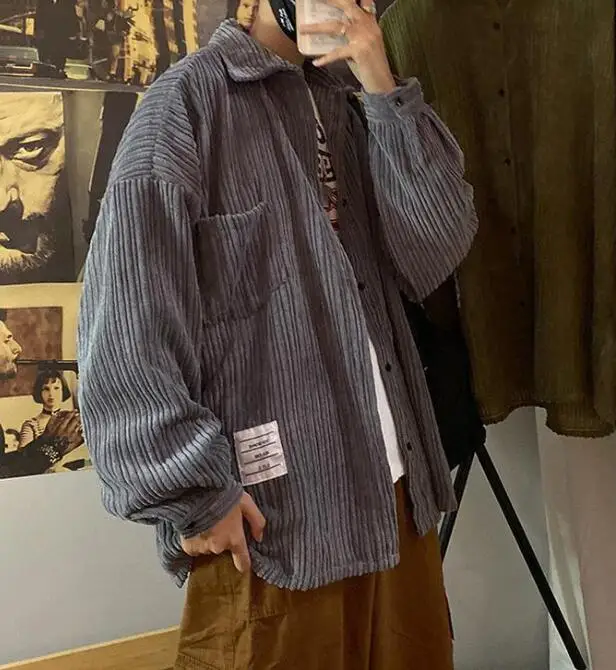 Retro Corduroy Shirt Men Loose Shirts Spring Autumn Student  Corduroy Outwear