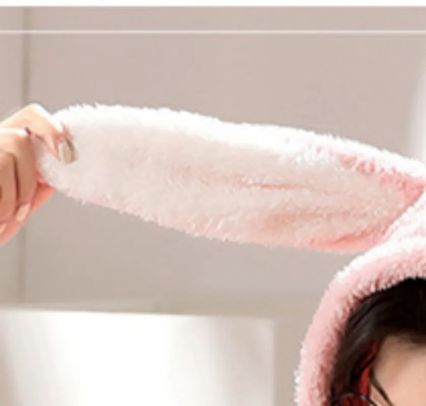 Girl's Winter Warm Plush Pajama Suit Length To The Ankle Polyester Comfortable White Pink Animal Leisure Wear With Two Long Ear