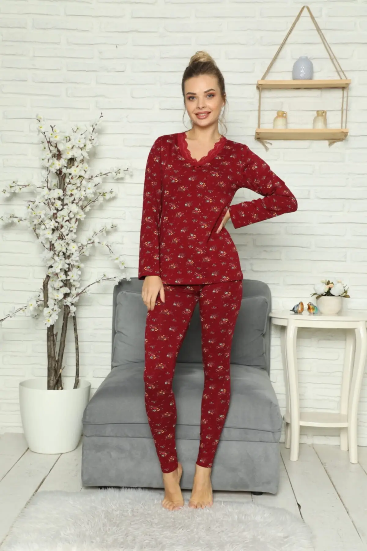 

Women's Pajamas Claret Red Floral Printed Lace Detailed V-Neck Combed Cotton Sleep Lounge Nightwear Sleepwear