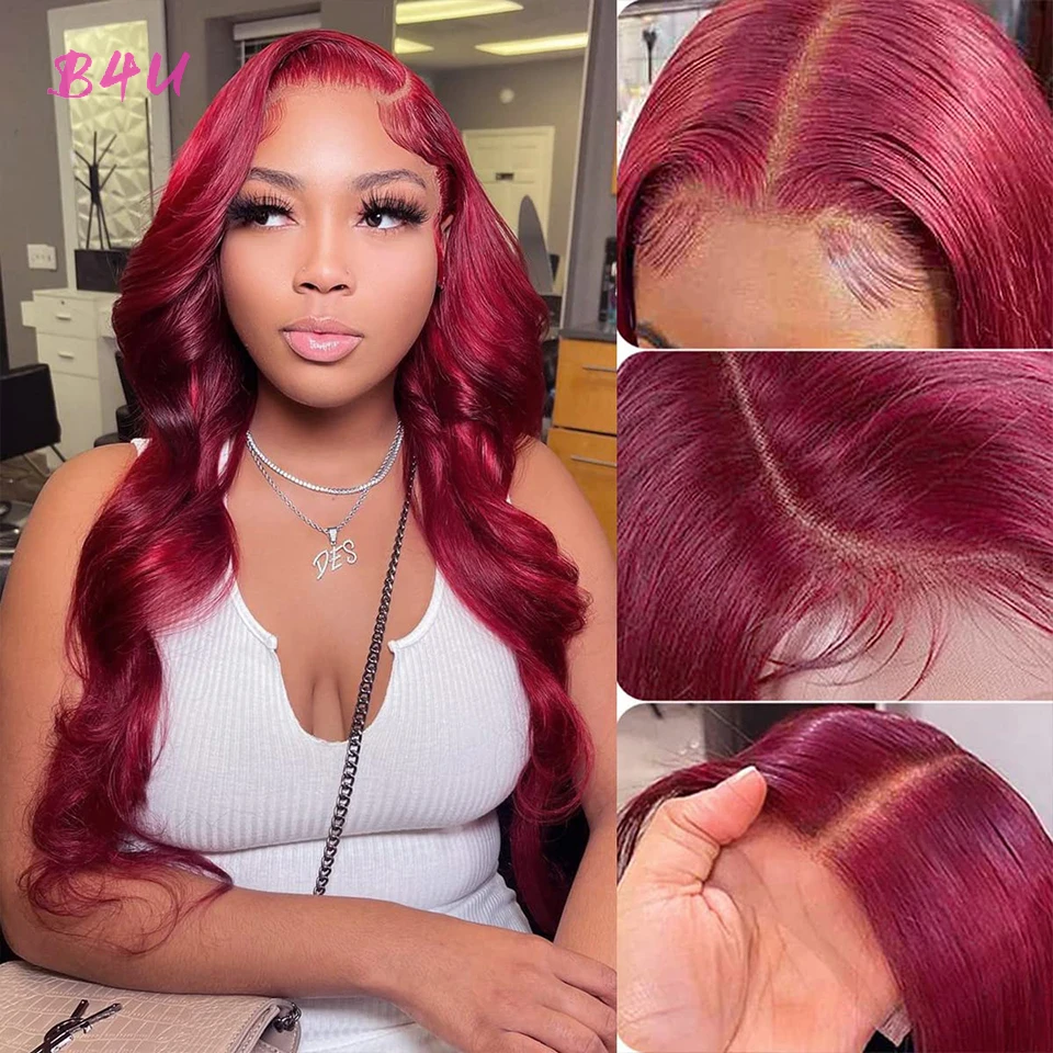 99J Body Wave Lace Frontal Wig Peruvian Red Burgundy Lace Front Wig Human Hair Wigs Colored Straight Transpant T Lace Wig