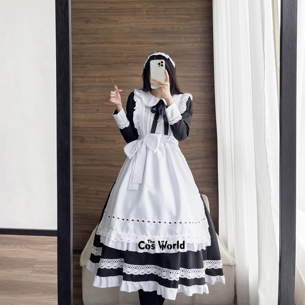 

S-5XL Lolita Black White Long Sleeve Apron Housekeeper Maidservant Maid Restaurant Dress Uniform Outfits Anime Cosplay Costume