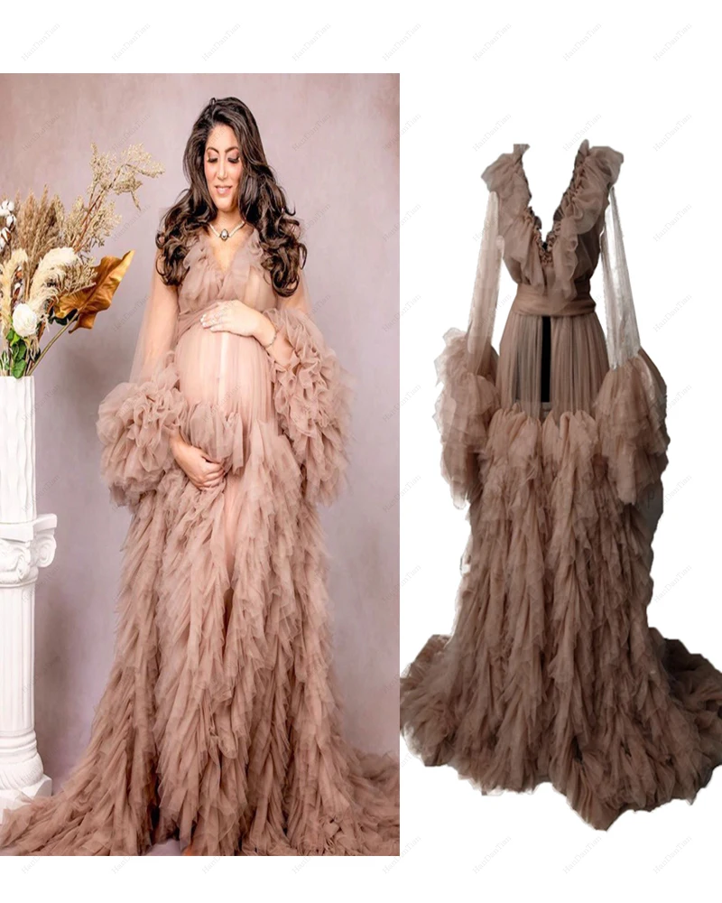 Ruffled V Neck Tulle Robe Maternity Dresses Photoshoot Long Sheer Bridal Bathgown Pleated Train