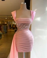 sexy pink satin pleat appliques train cocktail party dress women square collar formal mermaid prom dresses