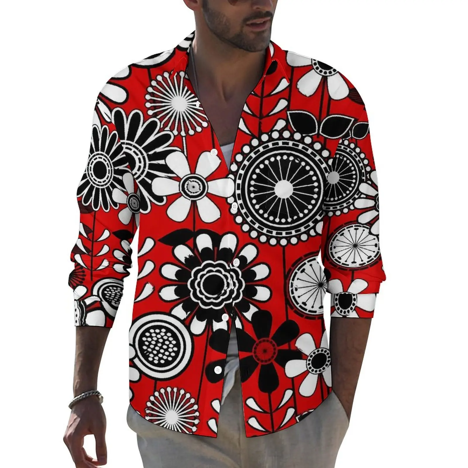 

Retro Flower Power Shirt Autumn Red Black Casual Shirts Men Novelty Blouses Long Sleeve Graphic Aesthetic Tops Plus Size