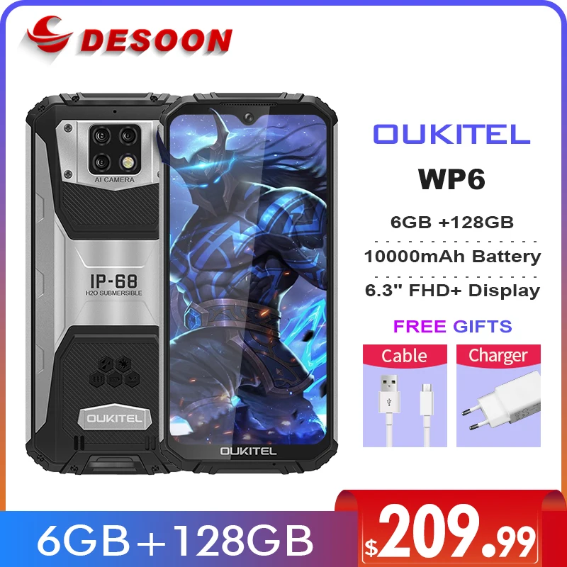 OUKITEL WP6 10000mAh 6.3'' FHD+ IP68 Waterproof Mobile Phone 6GB 128GB Octa Core 16MP Triple Cameras Rugged Smartphone