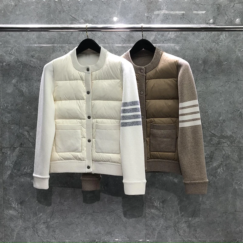 

TB Women's Down Jacket Goose Down Korean Luxury Fashion Brand Autumn Winter Causal High Quality Warm White Button Striped Coats