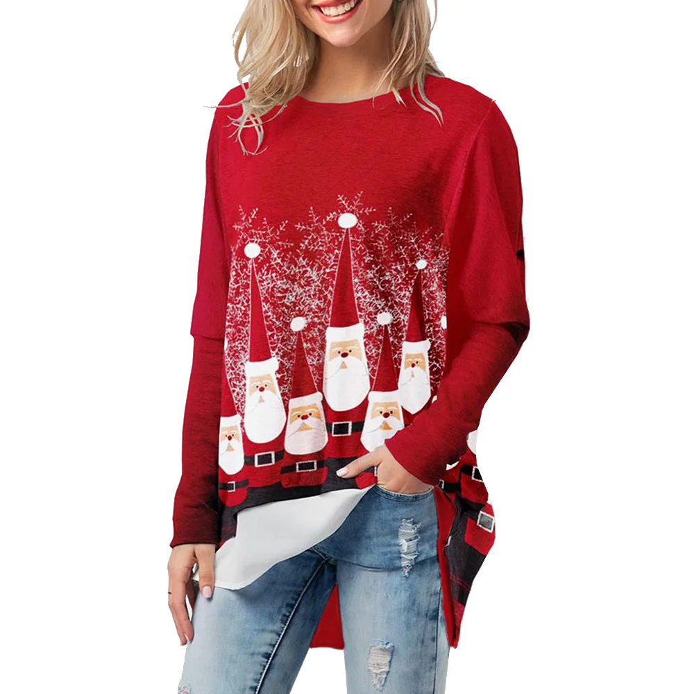 

2022 Christmas Printed Fake Two Pieces Round Neck Long Sleeve T-Shirt Women Oversized T Shirt Women Clothing Graphic T Shirts