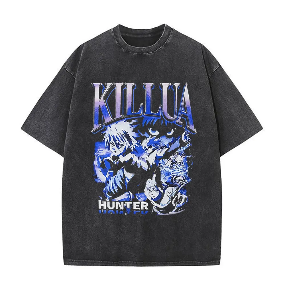 

Anime Hunter X Hunter Washed T-shirt for Men Women Killua Zoldyck Graphic T-shirts Vintage Wash Distressed Tee Shirt Streetwear