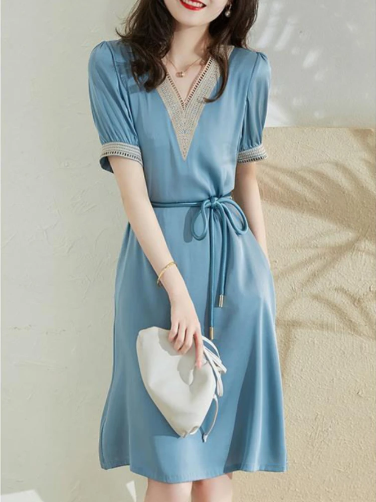 

Summer New Dresses for Women 2023 Korean Fashion V-Neck Lace-up Short Sleeve Casual Long Dresses Suitable Elegant Party Dresses