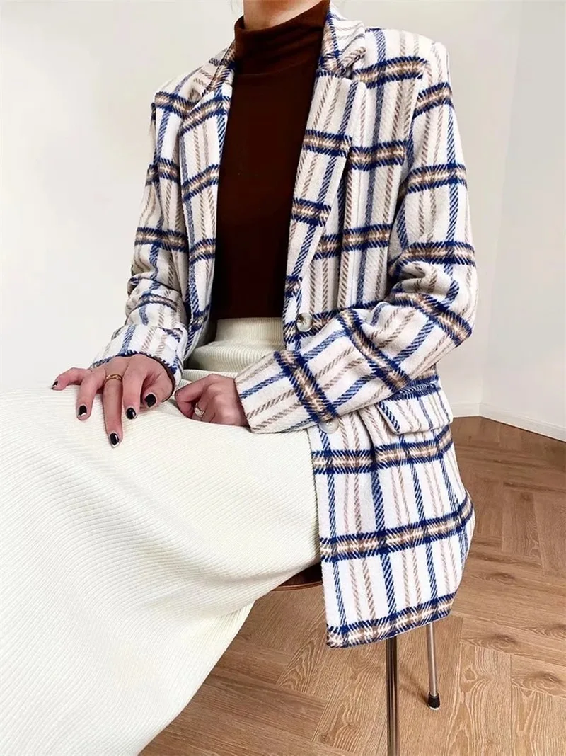 White Plaid Blazer Suit Office Lady Fashion Contrast Colors Woolen Blazer Women 2021 Spring Autumn Casual Commute Plaid Coat New