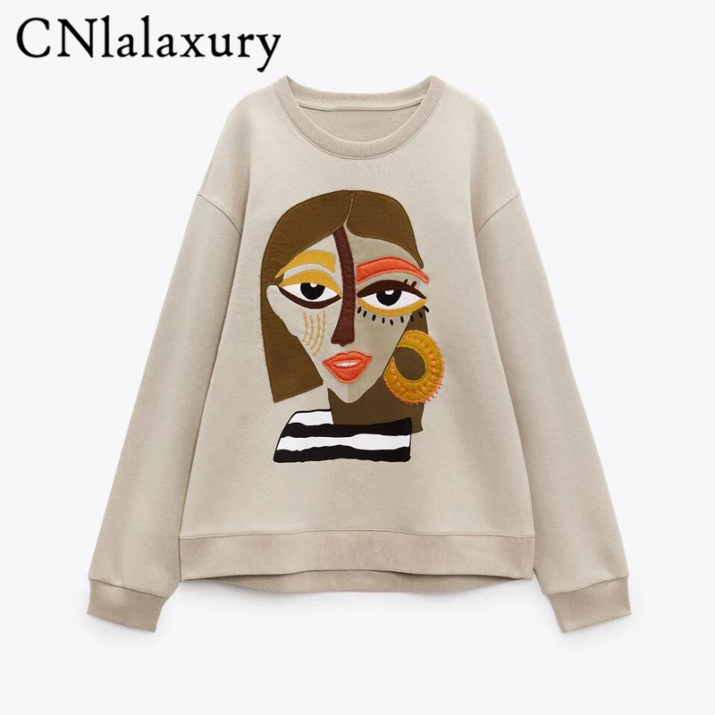 

CNlalaxury Autumn Winter Beige Woman Round Neck Sweatshirt Casual Long Sleeve Print Hoodie Fashion Pullover Top Female Sudaderas