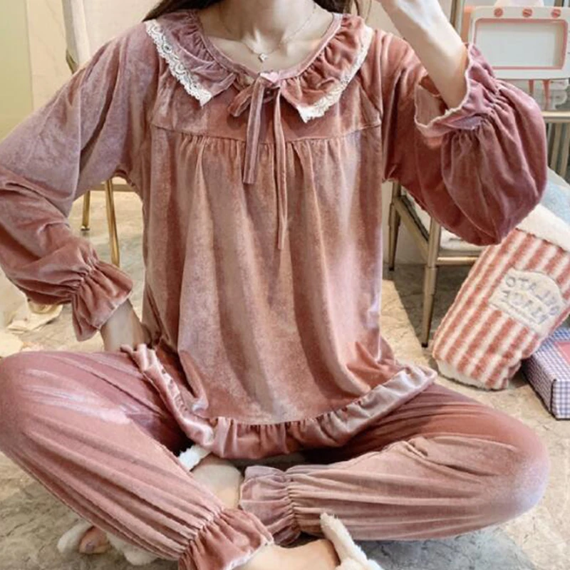 

Осенне-зимняя женская мягкая Пижама, комплект из двух предметов, милые топы со шнуровкой и круглым вырезом и свободные брючные костюмы, Женс...