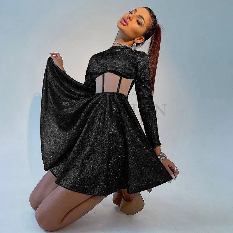 

Women Fashion Pleated Ruffle Party Dress Sexy Shiny Bright Glitter Club Dress Elegant Waist Hollow Out Mesh Mini Dress Vestidos