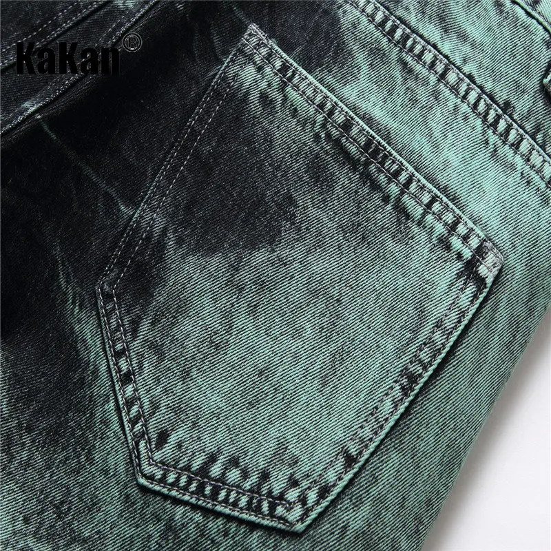 Kakan - New European and American Ripped Straight Leg Jeans for Men, Tie Dyed Green Black Casual Long Jeans K44-9242