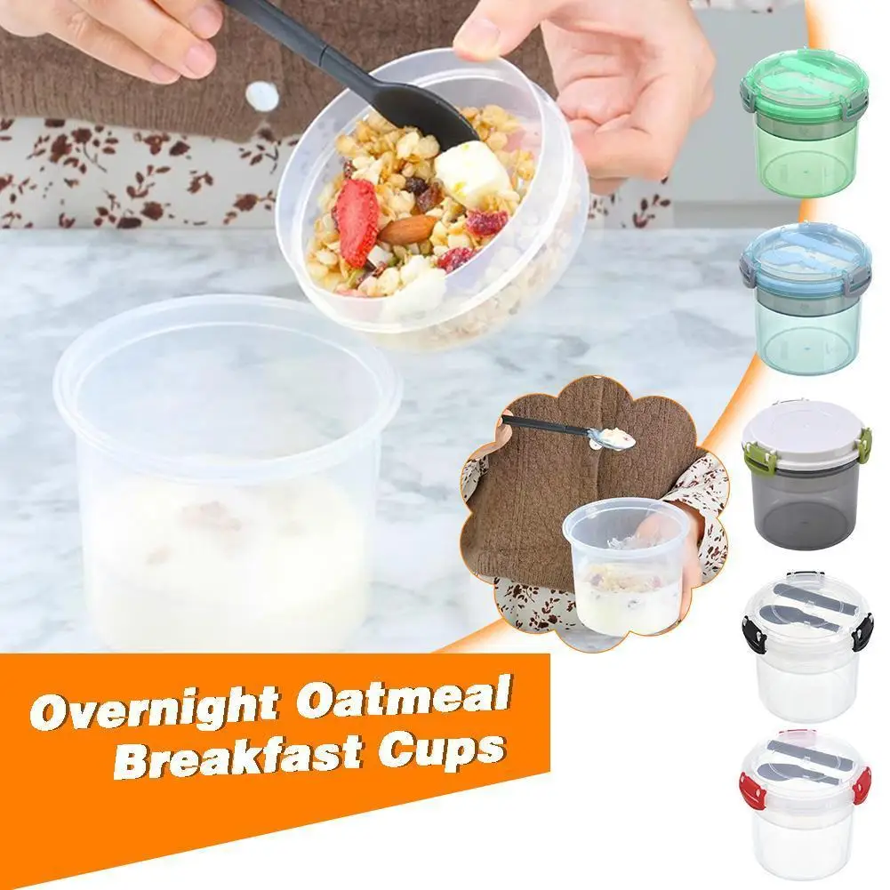 

600ml Portable Oatmeal Cup Airtight Lid Thickened With Overnight Jar Milk Yogurt Storage Tools Salad Breakfast Food Spoon C K0m0
