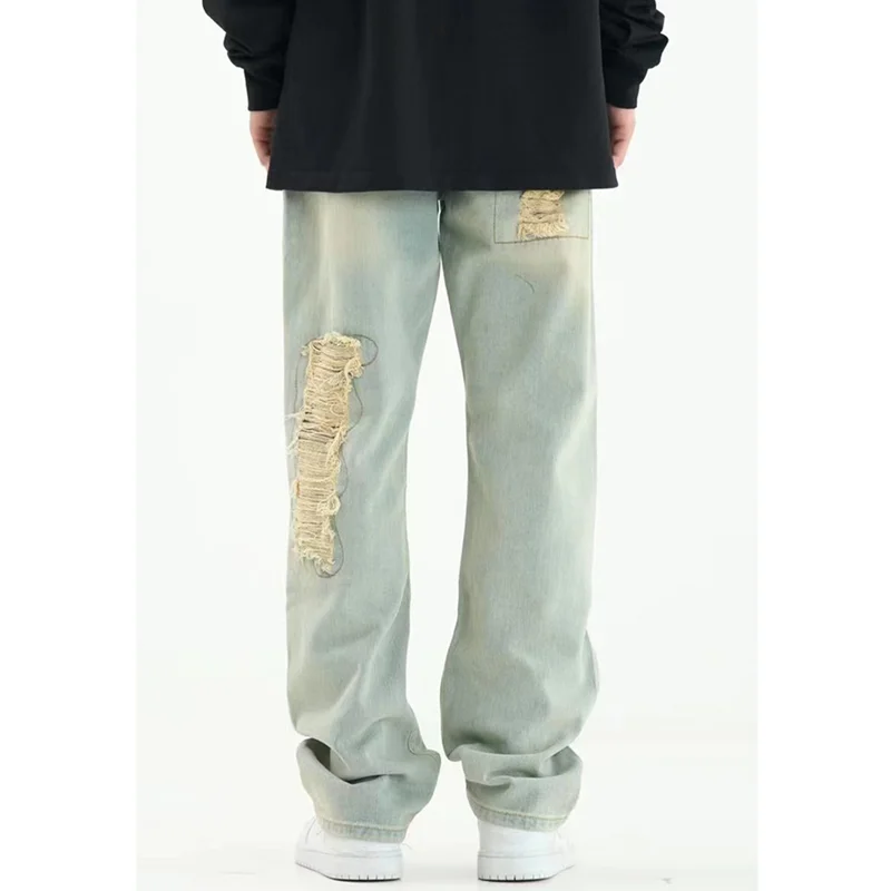 Men's Wear Vintage Casual Ripped Jeans Worn Yellow Mud Dyed Broad Leg Pants High Street Loose Straight Trousers Autumn Female