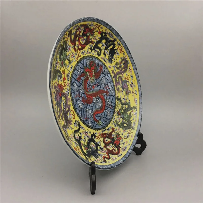 

Ancient China Style Plate Nine Dragons Decoration Fengshui Art Ceramic Decoration Porcelain Traditional Chinese Plate