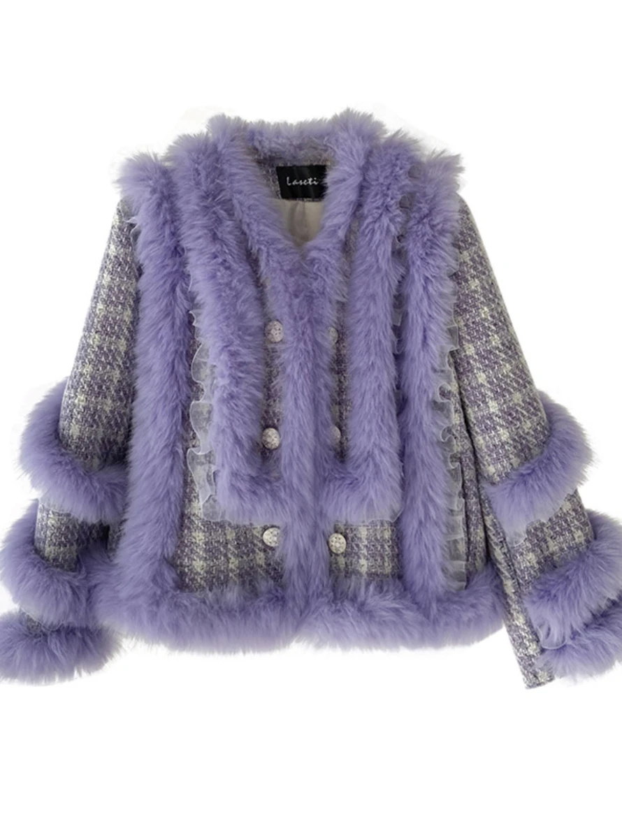 2022 Winter New Luxury Fox Fur Stitching Purple Fur Coat Women Socialite V-neck Long Sleeve Double Breasted Woolen Jacket Casaco