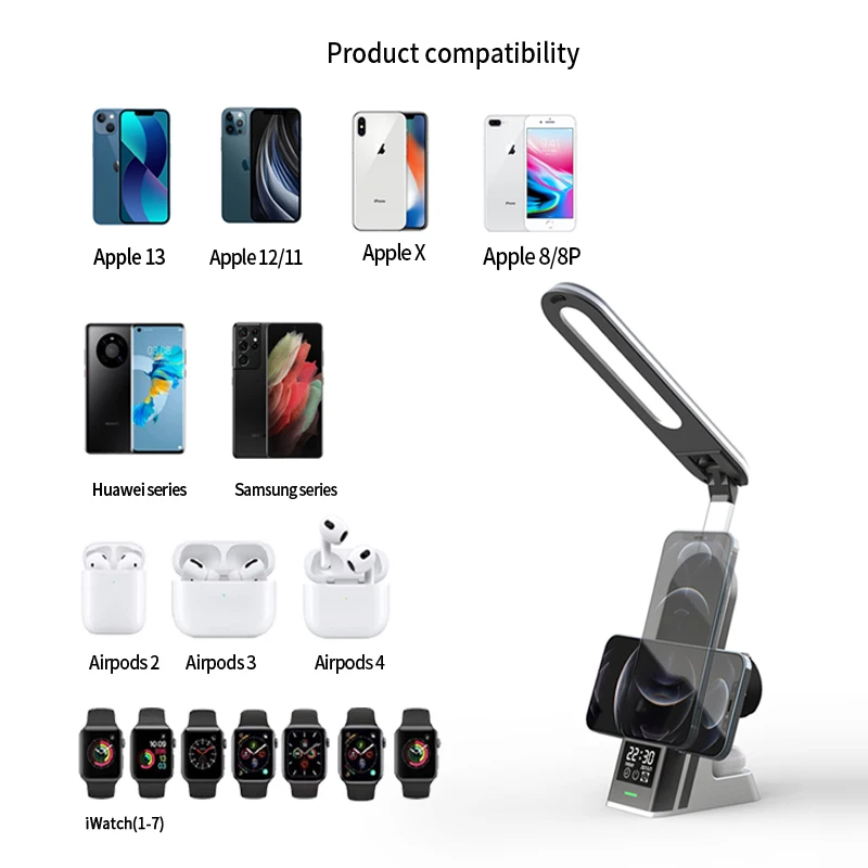 7in1 fast wireless charger station for iphone 13 12 11 pro max x alarm clock dimmable table lamp charger for apple watch airpods free global shipping