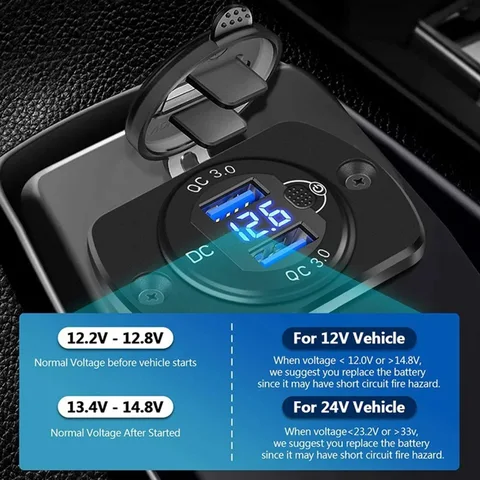Быстрое зарядное устройство, алюминиевое QC3.0, автомобильное зарядное устройство с двумя USB-портами и кнопкой переключения, светодиодный дисплей напряжения для автомобилей 12 В/24 В, лодок, мотоциклов