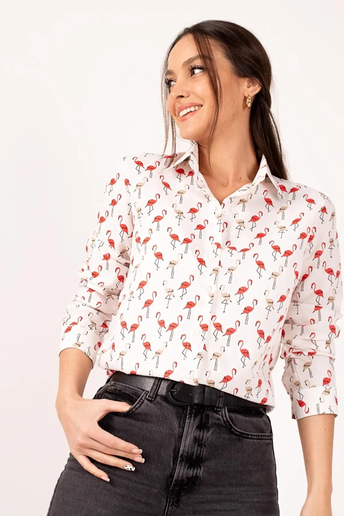 

Женская рубашка с длинным рукавом, с рисунком фламинго, бежевая и недорогая, 001024