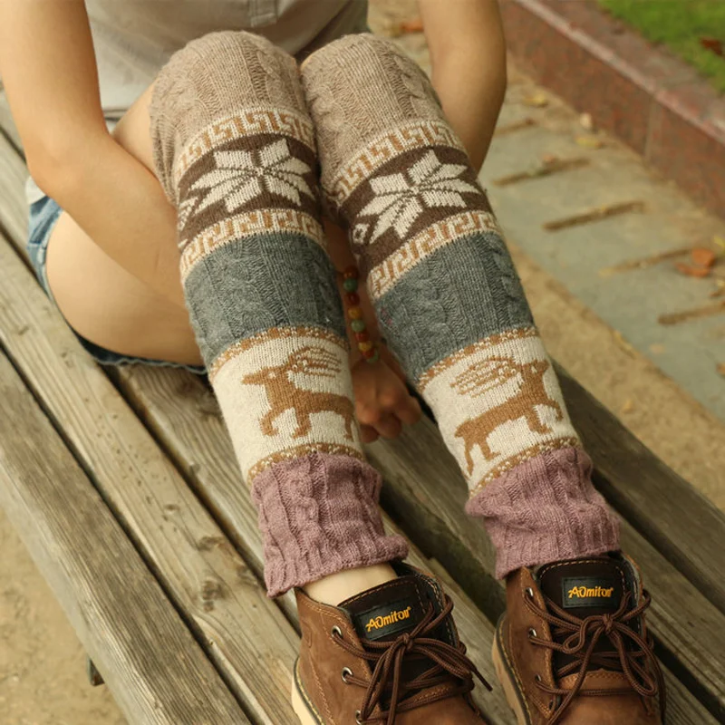 

Winter Knitted Wool Warm Leggings Women's Vintage Lingge Deer Snowflake Thermal Warm Long Socks Furry Leg Warmers Christmas
