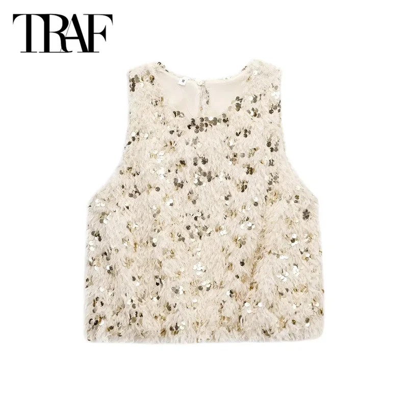 TRAF женский укороченный жилет с блестками и перьями элегантный топ на бретелях 2024