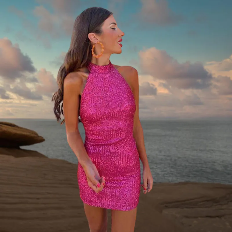 New Popular European And American Neck Wrap Arm Off Shoulder Gold Sequin Dress Short Party Bodycon Dress Women Sexy Evening