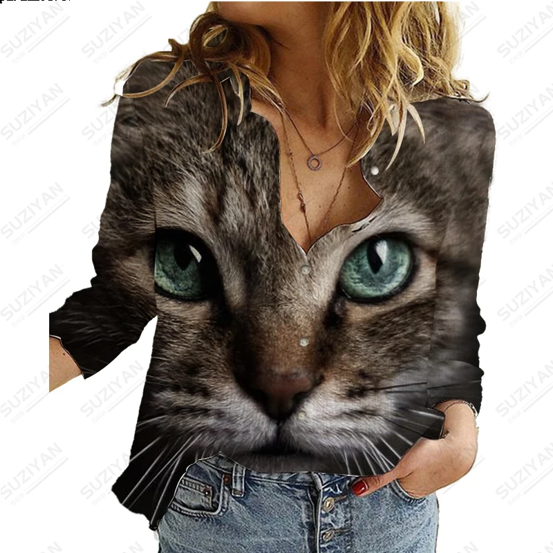 

2023 Hot selling women's long sleeved cardigan, cute cat pattern, 3D printed shirt, street casual loose fitting chiffon shirt