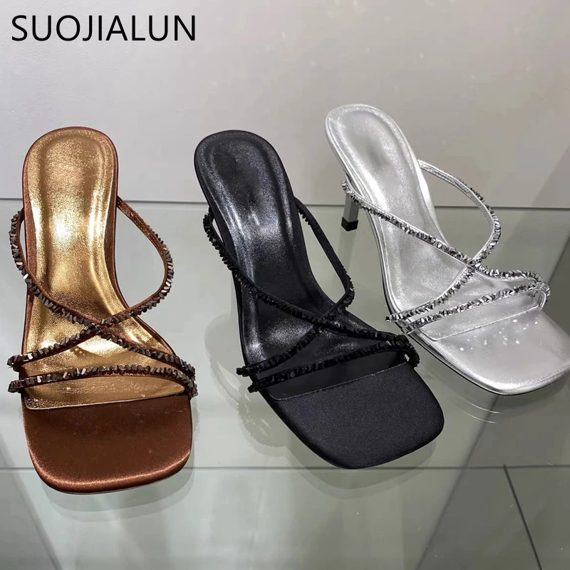 

SUOJIALUN 2022 New Brand Women Slipper Fashion Carystal Narrow Band Ladies Sandal Round Toe Thin High Heel Elegant Slides Shoes