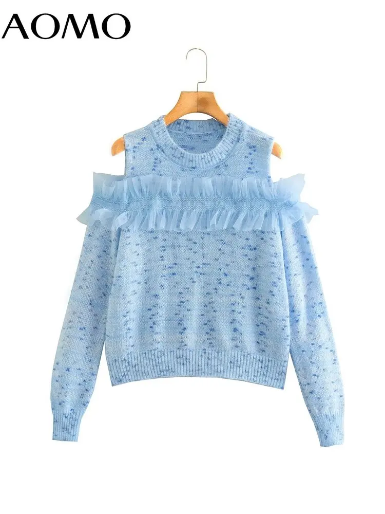 

AOMO 2022 Women Ruffles Off Shoulder Knitted Sweater Jumper Long Sleeve Female Pullovers 8Y40A