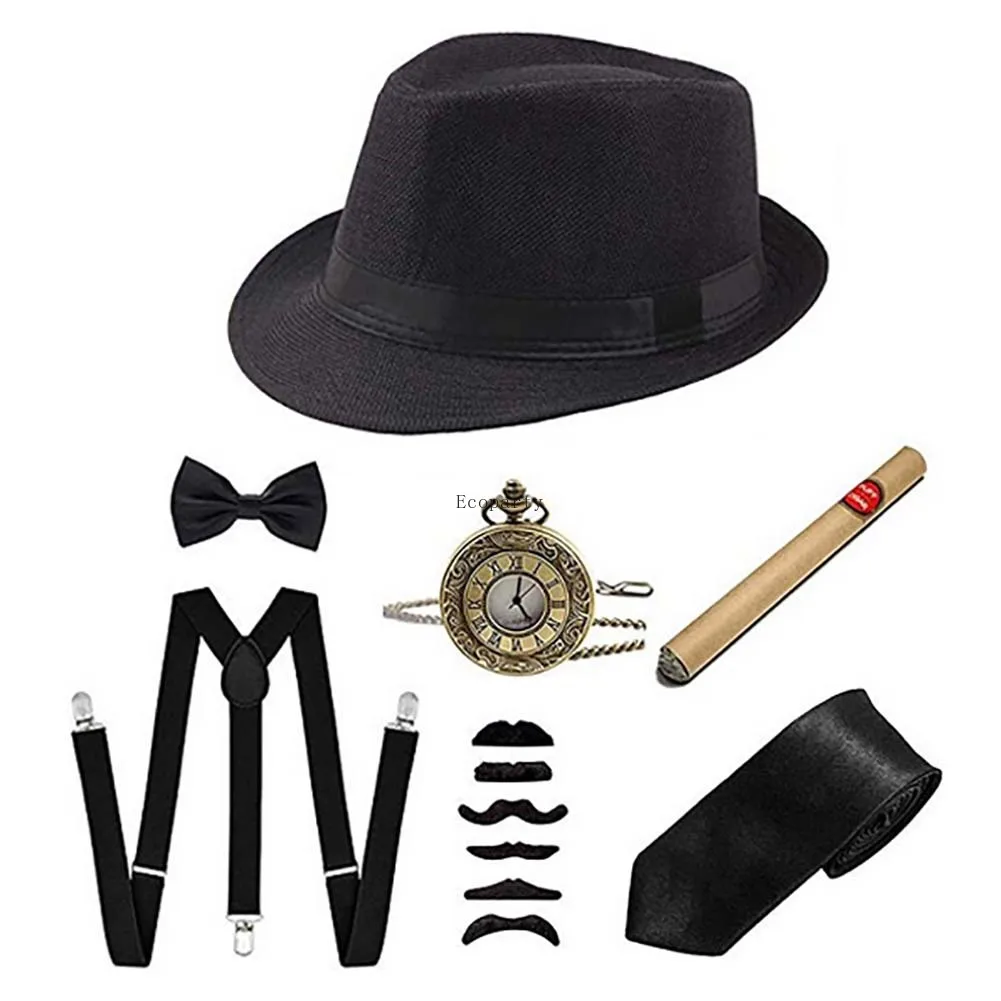 

Mens 1920s Gatsby Gangster Costume Accessories Set Hat Braces Bow Tie Moustache Toy Cigar Roaring 20s Gentleman Costumes