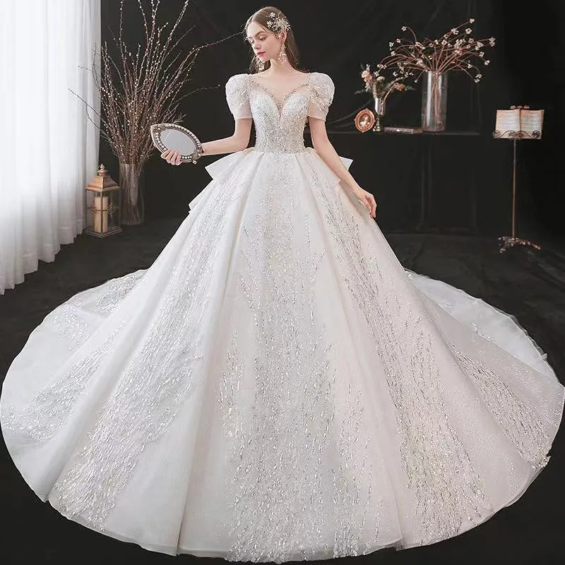 

Luxury Wedding Dresses V Neck Puff Sleeve Backless Tulle A-line Sequin Lace Beaded Tail French Starry Sky Princess Bridal Gowns