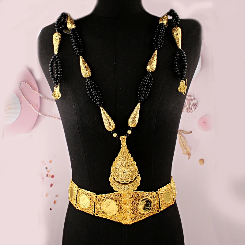 

Arabic Bridal Jewelry Set Robe Wedding Accessory Gold Plated Ethnic Muslim Algeria Trajes De Mujer Conjunto 2 Piezas Elegantes