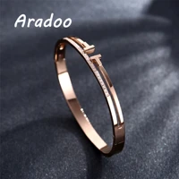 aradoo fashion micro set zircon light luxury rose gold titanium steel ladies bracelet letter t open bracelet