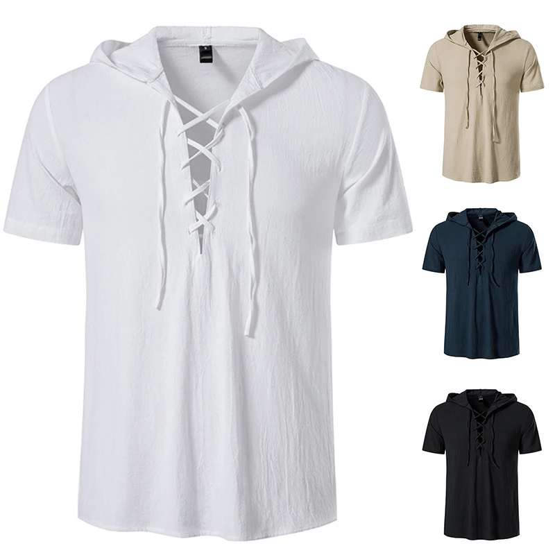 

Men's New V-Neck Strap Short Sleeve T-Shirt Cotton Hooded Beach Yoga Casual Summer Short T-Shirt