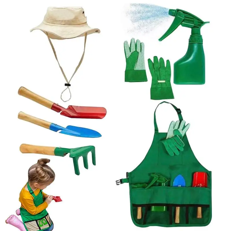 

8PCS Kids Gardening Tool Set Mini Children Planting Play Dress Up Apron Hat Gloves Bag Watering Toy Metal Shovel Gardening Tools
